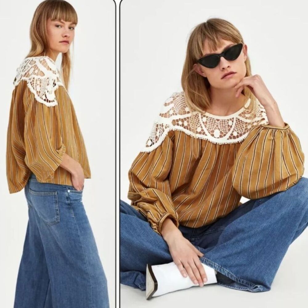 Zara Contrasting Stripe Crochet Trim Linen Top X-Small / Small Summer